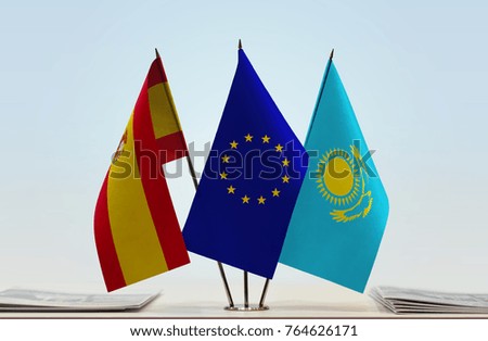 Flags of Spain European Union and Kazakhstan