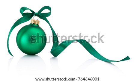 Green Christmas bauble with ribbon bow isolated on white background Royalty-Free Stock Photo #764646001