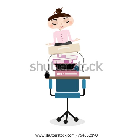 Young woman meditate  in lotus pose on the office things stack. Girl relaxing in the office. Flat style.  Raster illustration.
