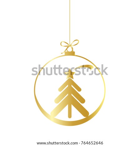 Flat Christmas Ball with Bow Silhouette Icon Symbol Design. Vector Christmas Gold Bauble with Tree illustration isolated on white background