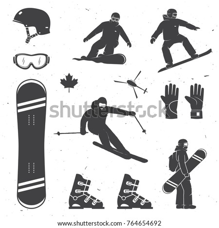 Set of winter sports equipment, skier and snowboarders silhouettes. Vector illustration. Collection include helmet, snowboard, glasses, boots and gloves. Royalty-Free Stock Photo #764654692