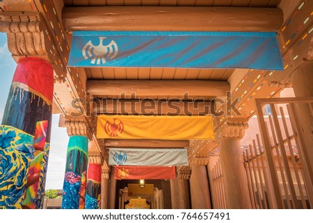 View of a colorful walkway in the plaza in downtown Santa Fe New Mexico.