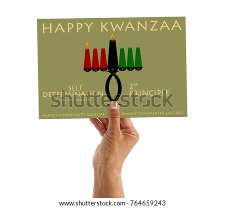 Happy Kwanzaa 2nd Principle (Self Determination / Kujichagulia) Sign in hand white background