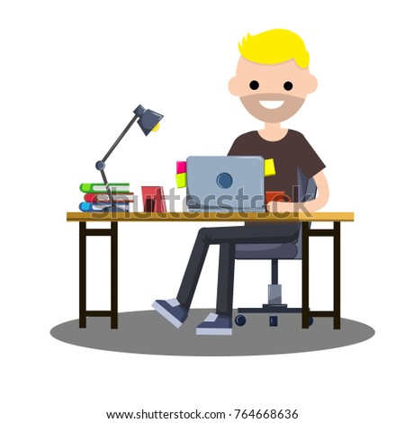 Cartoon flat illustration - a young guy student sitting on a chair at a Desk with a lamp, a computer and books
