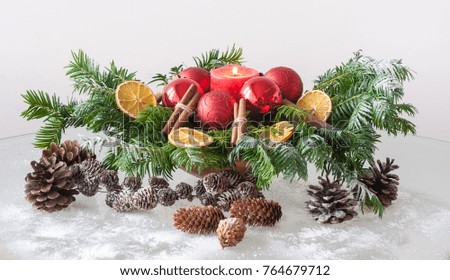 Christmas decorative background - candles, Christmas balls and cones