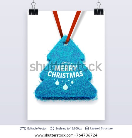 Fit tree shaped felt badge on red ribbon. Bright Christmas and New Year label with text. Editable vector element.