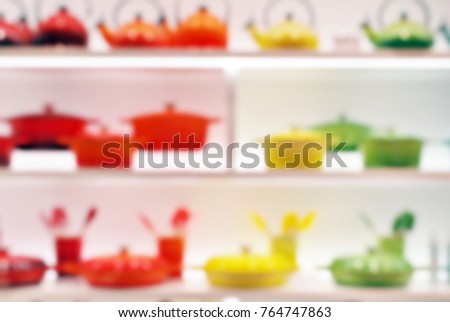 blur picture background of kitchen accessory and Kitchen Appliances section display showroom in furniture mall