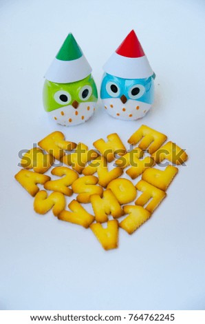 Owl dolls lover with hat to celebration on vacation with to pile biscuits snack food up to heart shape with isolated white background