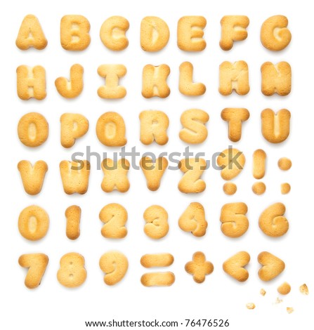 Cookies ABC containing letters, numbers, signs and symbols isolated on white background