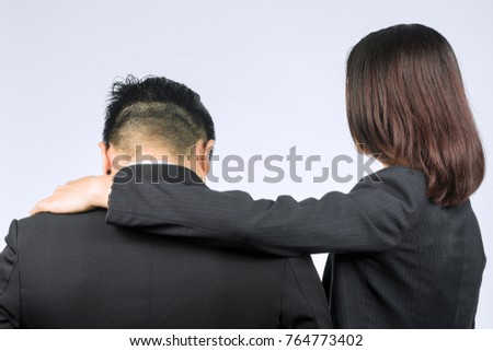 Couples who are frustrated by the work that is comforting each other. on White Background.