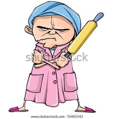 Cartoon of mean old woman with a rolling pin. Isolated on white