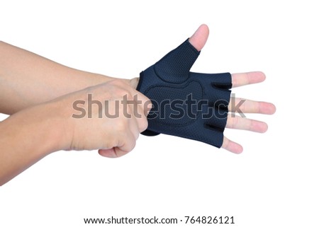 Male hands wearing sport glove isolated on white background.