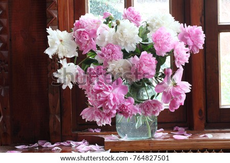 bouquet of peonies at window
