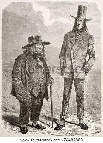 Old illustration of eccentric slim and fat men in southern America. Created by Riou and Pannemaker, published on Le Tour du Monde, Paris, 1864