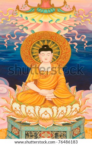 image of buddha painting on Chinese temple wall at Nakhonprathom province Thailand