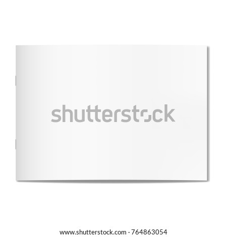 Vector thin horizontal realistic closed book, journal or magazine cover mockup with sheet of A4. Blank front or cover page of sketchbook or notepad on staples template for catalog, brochure design 