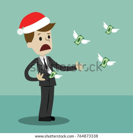 Businessman or manager in Christmas hat losing his money. Money fly away like birds. Vector illustration
