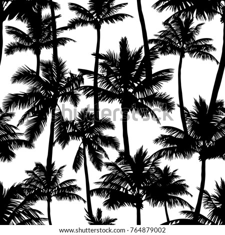 Black vector palm trees isolated on white background. Hand drawn seamless pattern. Perfect for fabric, wallpaper or giftwrap.