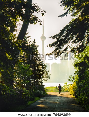 TORONTO CITY SUMMER SCENE - Young travelling girl exploring outdoor environment walking down forest pathway. Woman in beautiful park, sunlight tree path, tower skyline in background. Toronto, Canada