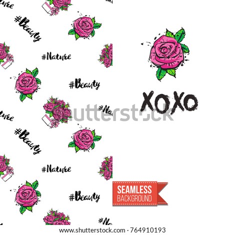 Beauty greeting card illustrated in fashion magazine style. Seamless pattern background with natural fashion accessories for makeup. Inscription: xoxo. Vector template.