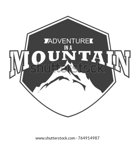 adventure in a mountain typography in a hexagon shield image vector illustration for logo, template, sticker, sign, promotion advertising material, etc