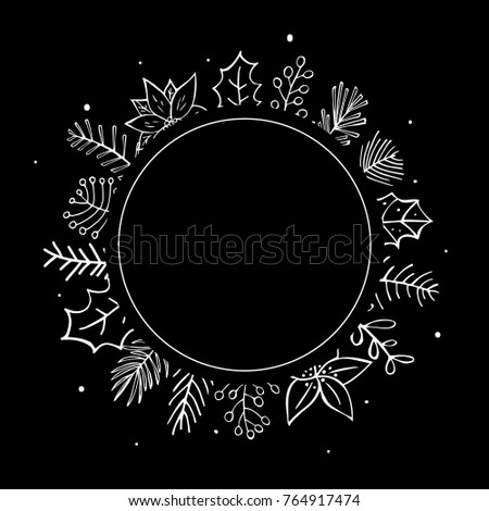 winter foliage plants twigs branches flowers black and white cirlce round frame template