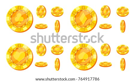 Poker Chips Vector. Card Suits Sign. Flat, Cartoon Set. Gold Poker Game Chips Isolated On White Background. Flip Different Angles. Award Icons. Casino Gambling Chips Illustration.