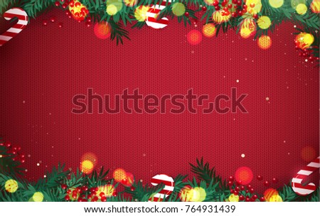 Christmas decoration with fir branches, berries and candy isolated on red canvas background. Vector illustration