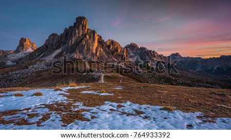 Sunrise at Giau Pass, Dolomites, Italy.