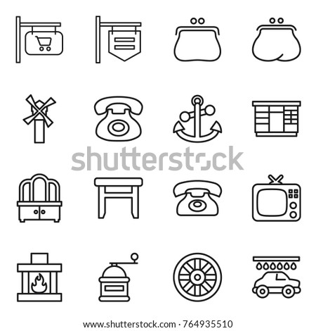 Thin line icon set : shop signboard, purse, windmill, phone, anchor, wardrobe, dresser, stool, tv, fireplace, hand mill, wheel, car wash