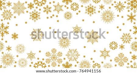 Rich panoramic Christmas background. Various snowflakes and winter ornaments. Seamless vector pattern for packaging, cards, party invitations and textile design. Golden, white.