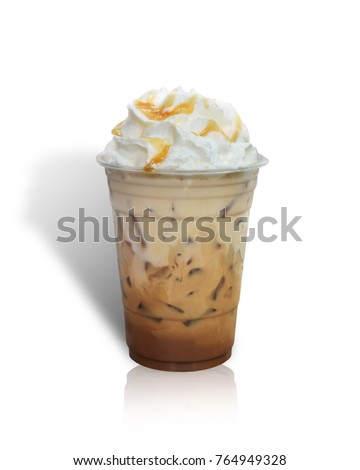 Iced coffee covered with whipped cream caramel in plastic glass to go isolated on white background. This has clipping path.