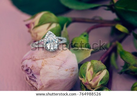 Diamon engagement ring on natural romantic background  Royalty-Free Stock Photo #764988526