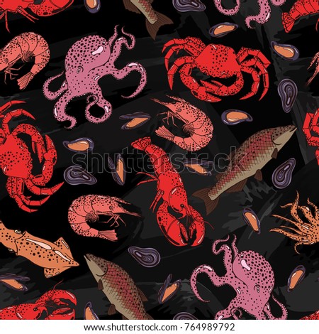 Seamless background with a pattern of hand drawn octopus, squid, lobster, crab, mussel, shrimp, salmon. Seafood on a chalkboard