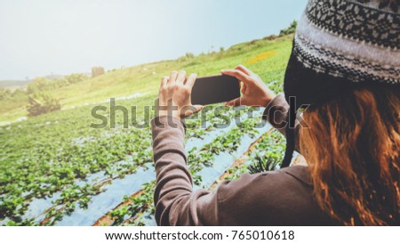 Asian women relax in the holiday. Stand photograph In the Strawberry Farm. Mountain Park happily. In thailand