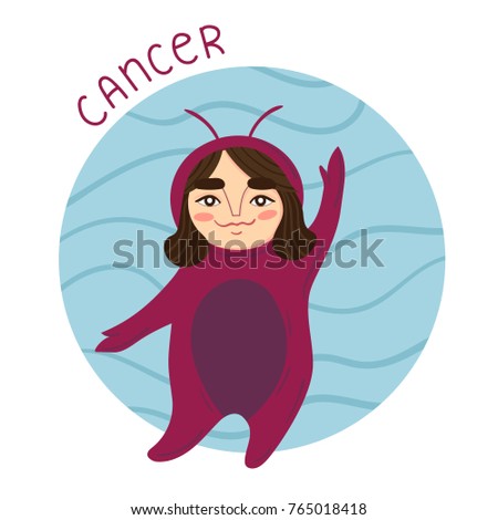Cute zodiac sign - Cancer. Girl in cancer costume. Vector illustration.
