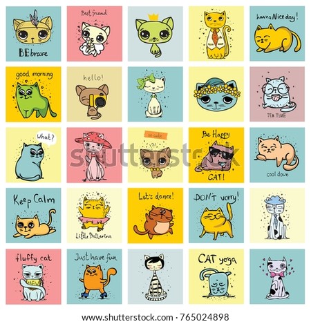 Set of vector cards with cute funny cats and hand drawn text