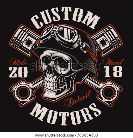 Biker skull with crossed pistons. Shirt graphic. All elements, colors, text (curved) are on the separate layer. (COLOR VERSION)