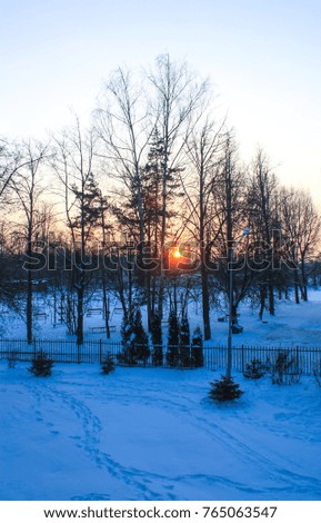 Frosty winter sunrise. Urban landscape.