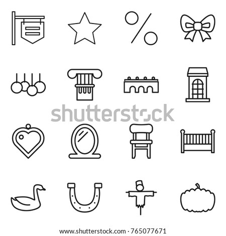 Thin line icon set : shop signboard, star, percent, bow, sale, column, bridge, building, heart pendant, mirror, chair, crib, goose, horseshoe, scarecrow, pumpkin