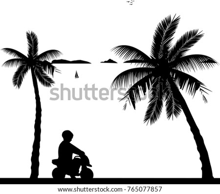 Boy rides on a motorcycle toy on the beach, one in the series of similar images silhouette