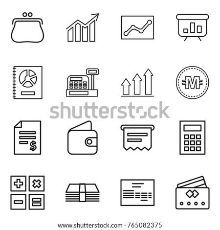 Thin line icon set : purse, diagram, statistics, presentation, annual report, cashbox, graph up, crypto currency, account balance, wallet, atm receipt, calculator, money, invoice, credit card