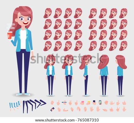 Front, side, back, 3/4 view animated character. Young Girl character constructor with various views, face emotions, poses and gestures. Cartoon style, flat vector illustration. Royalty-Free Stock Photo #765087310