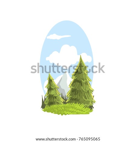 Beautiful hand drawn landscape scene with firs and mountain peak. Coniferous evergreen tree. Colorful forest nature print. Flat vector botanical illustration.