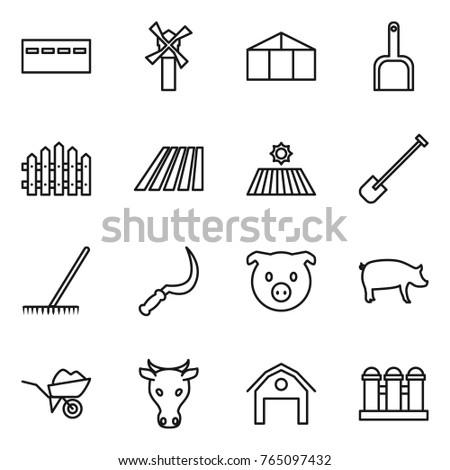 Thin line icon set : bunker, windmill, greenhouse, scoop, fence, field, shovel, rake, sickle, pig, wheelbarrow, cow, barn, grain elevator