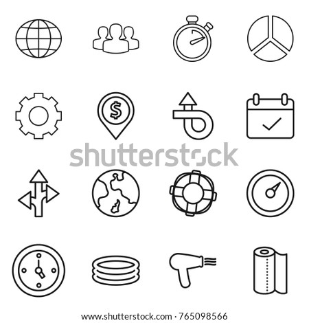 Thin line icon set : globe, group, stopwatch, diagram, gear, dollar pin, trip, terms, route, earth, lifebuoy, barometer, watch, inflatable pool, hair dryer, paper towel