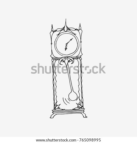 Vintage longcase grandfather clock. Hand drawn vector stock illustration. black and white