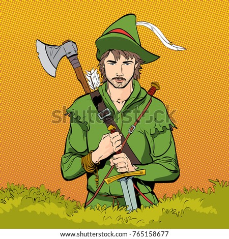 Robin Hood in a hat with feather. Young soldier. Noble robber. Defender of weak. Medieval legends. Heroes of medieval legends. Halftone background.
