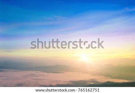 Celestial mountain landscape and dramatic sky sunrise background. Nok Ann cliff, Phu Kradueng National Park, Loei, Thailand, Asia Royalty-Free Stock Photo #765162751