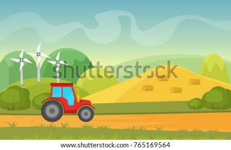 Agriculture and Farming agribusiness. Summer autumn rural cartoon vector landscape with wind power plant and tractor.